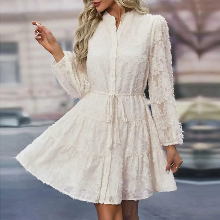 Vestido de Festa Bordado Manga Chemise rodado creme off white