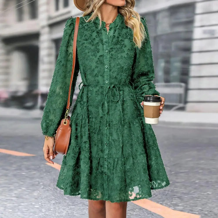 Vestido de Festa Bordado Manga Chemise rodado verde