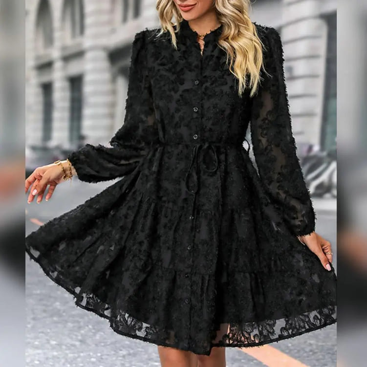Vestido de Festa Bordado Manga Chemise rodado preto inverno