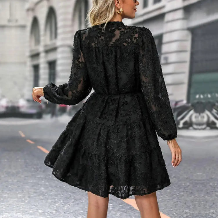 Vestido de Festa Bordado Manga Chemise rodado preto inverno