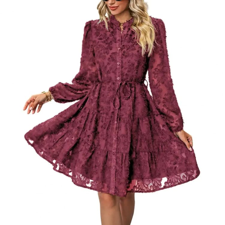 Vestido de Festa Bordado Manga Chemise rodado vinho