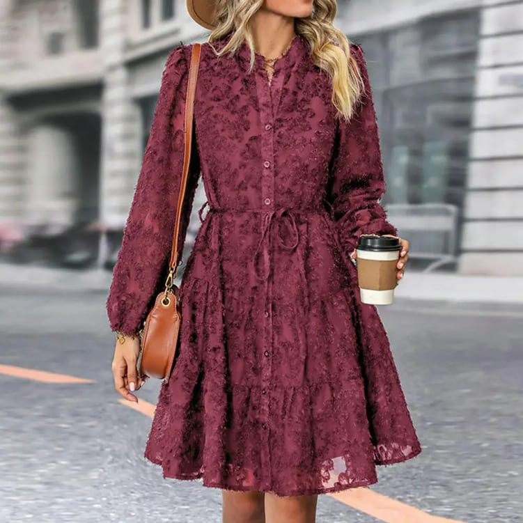 Vestido de Festa Bordado Manga Chemise rodado vinho