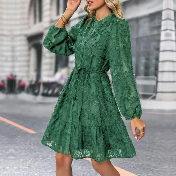Vestido de Festa Bordado Manga Chemise rodado verde