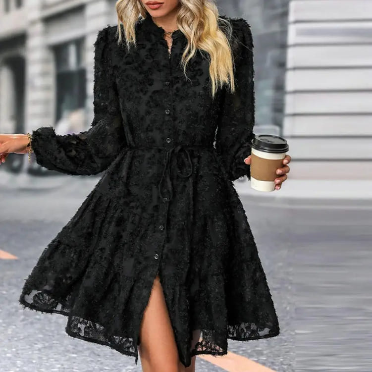 Vestido de Festa Bordado Manga Chemise rodado preto inverno