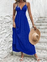 Vestido Longo Acinturado Decote V Costas Nuas Acinha em X Tecido com Textura Verão Casual Azul