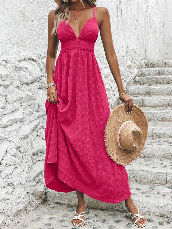 Vestido Longo Acinturado Decote V Costas Nuas Acinha em X Tecido com Textura Verão Casual Barbiecore Pink Rosa