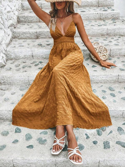 Vestido Longo Acinturado Decote V Costas Nuas Acinha em X Tecido com Textura Verão Casual Caqui Dourado Amarelo