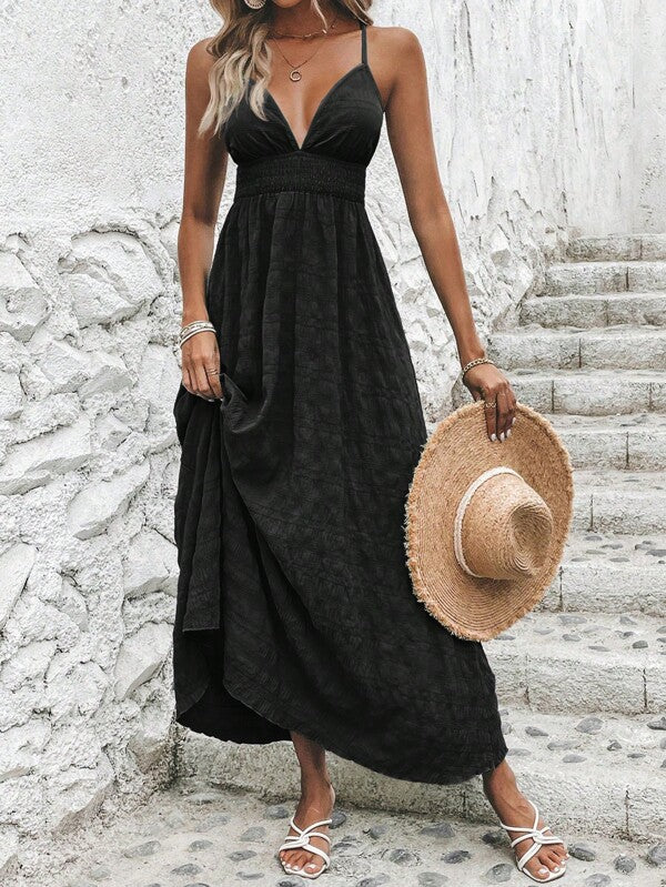 Vestido Longo Acinturado Decote V Costas Nuas Acinha em X Tecido com Textura Verão Casual Preto