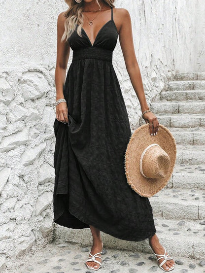Vestido Longo Acinturado Decote V Costas Nuas Acinha em X Tecido com Textura Verão Casual Preto