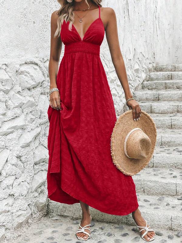 Vestido Longo Acinturado Decote V Costas Nuas Acinha em X Tecido com Textura Verão Casual Natal Vermelho