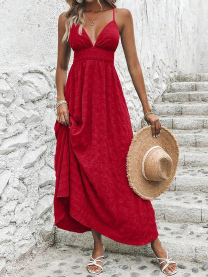 Vestido Longo Acinturado Decote V Costas Nuas Acinha em X Tecido com Textura Verão Casual Natal Vermelho