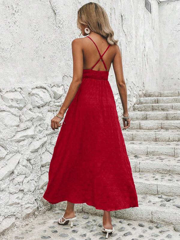 Vestido Longo Acinturado Decote V Costas Nuas Acinha em X Tecido com Textura Verão Casual Natal Vermelho