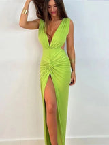 Vestido Longo Nozinho Costas Nuas Decote Profundo verde saída de praia