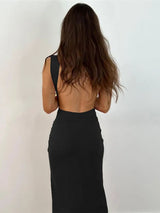 Vestido Longo Nozinho Costas Nuas Decote Profundo preto saída de praia