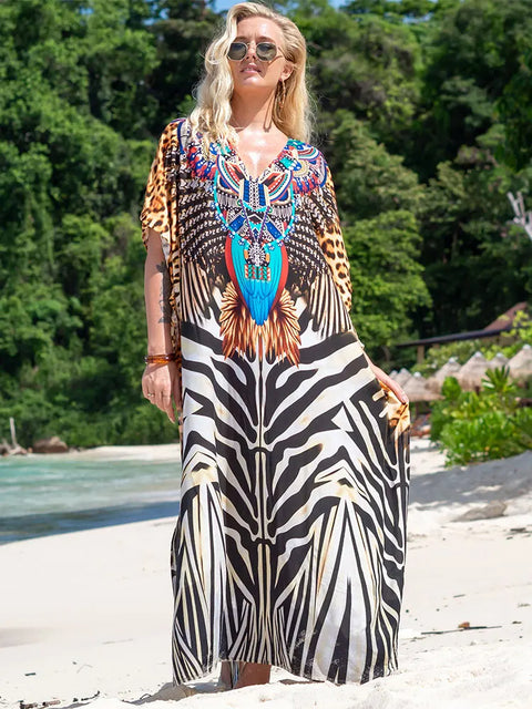 Vestido Saída de Praia Túnica Indiana Animal Print zebra étnico plus size