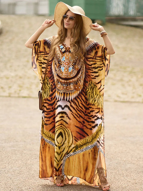 Vestido Saída de Praia Túnica Indiana Animal Print tigre étnico plus size