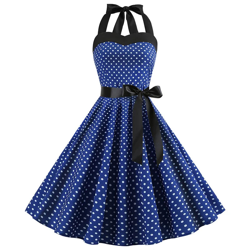 Vestido retrô Pin Up Midi Bolinha Rodado Alça vintage laço azul