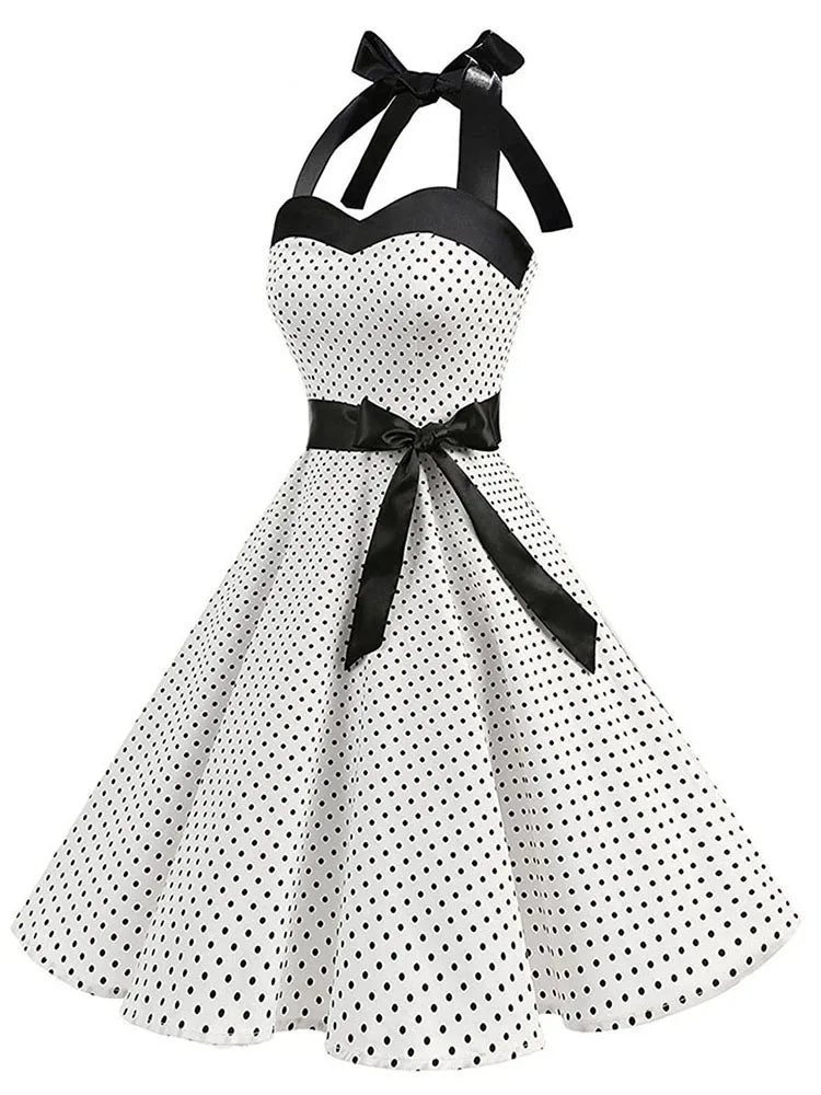 Vestido retrô Pin Up Midi Bolinha Rodado Alça vintage laço branco