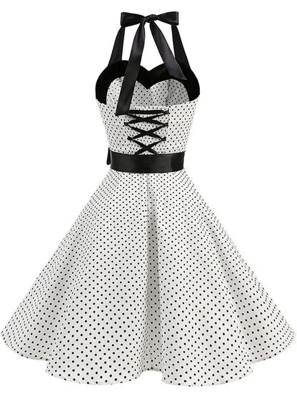 Vestido retrô Pin Up Midi Bolinha Rodado Alça vintage laço branco