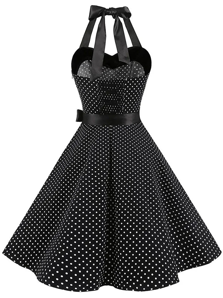 Vestido retrô Pin Up Midi Bolinha Rodado Alça vintage laço preto