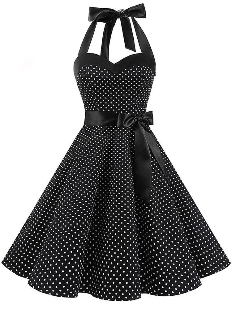 Vestido retrô Pin Up Midi Bolinha Rodado Alça vintage laço preto