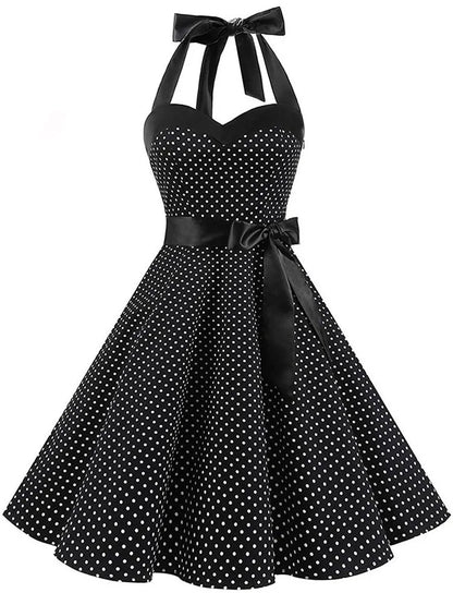 Vestido retrô Pin Up Midi Bolinha Rodado Alça vintage laço preto