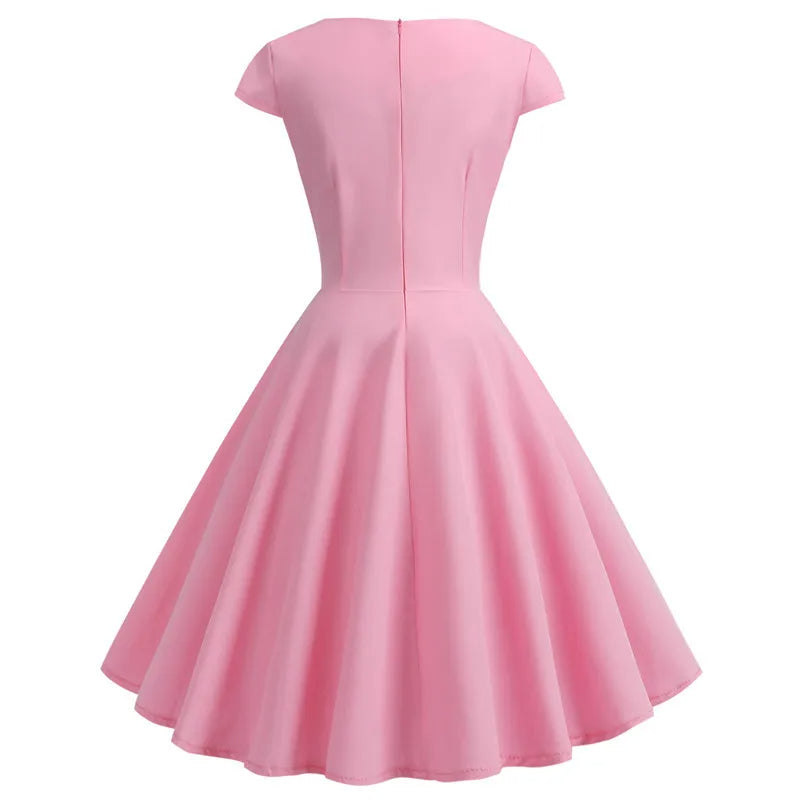 Vestido vintage Midi Retrô Audrey Manga Curta rosa claro rodado 