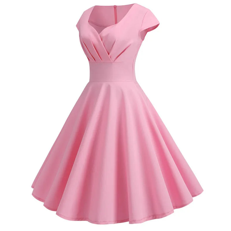 Vestido vintage Midi Retrô Audrey Manga Curta rosa claro rodado 