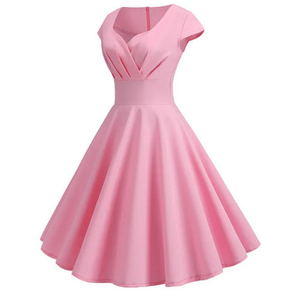 Vestido vintage Midi Retrô Audrey Manga Curta rosa claro rodado 