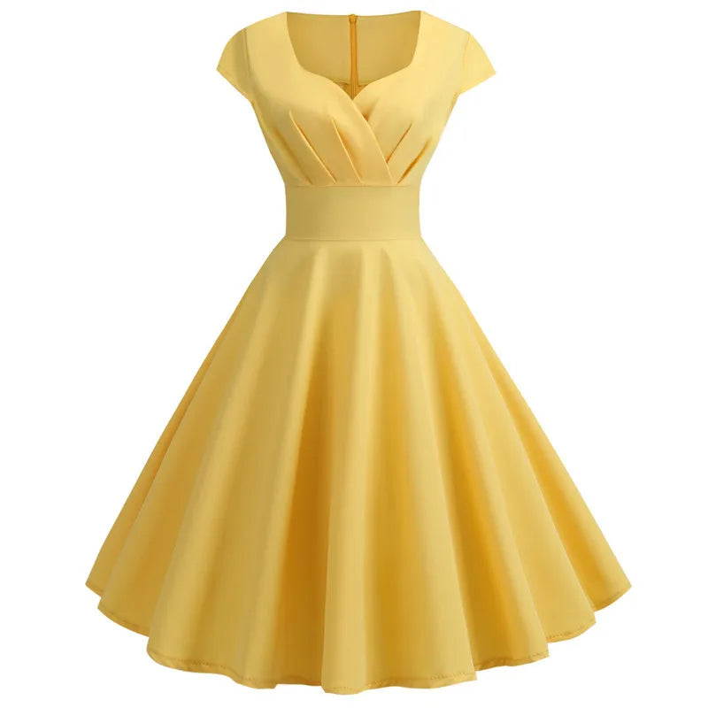 Vestido vintage Midi Retrô Audrey Manga Curta AMARELO rodado 