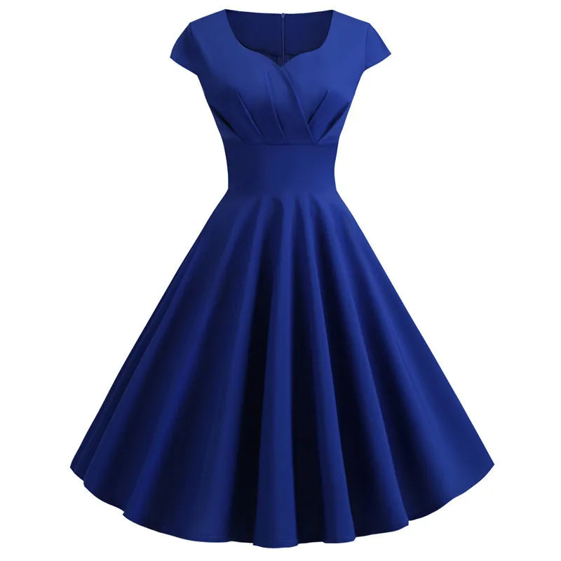 Vestido vintage Midi Retrô Audrey Manga Curta AZUL ROYAL rodado 