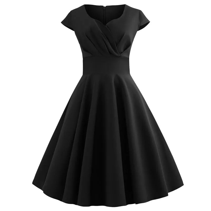 Vestido vintage Midi Retrô Audrey Manga Curta PRETO rodado 