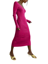 Vestido Tubinho Tricot Decote V Midi Inverno rosa pink