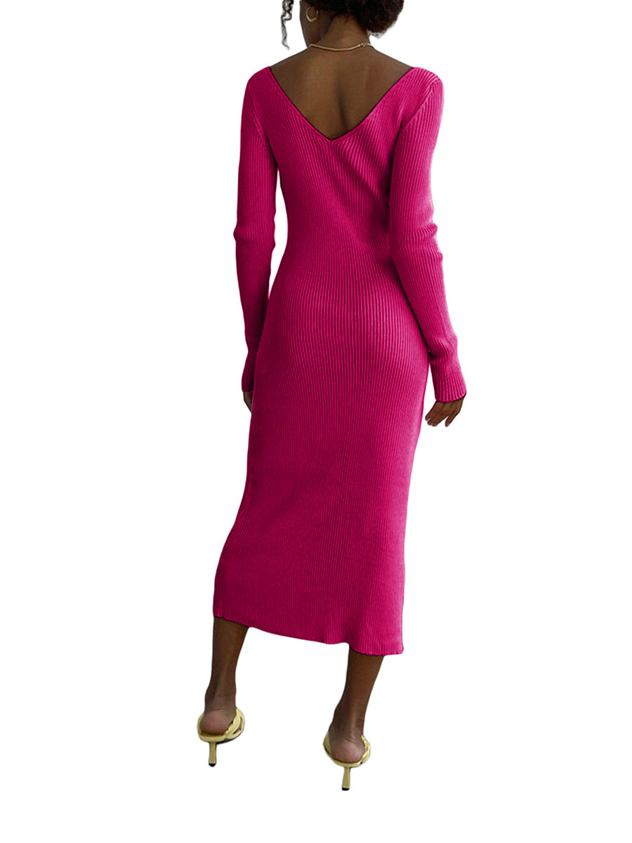 Vestido Tubinho Tricot Decote V Midi Inverno rosa pink