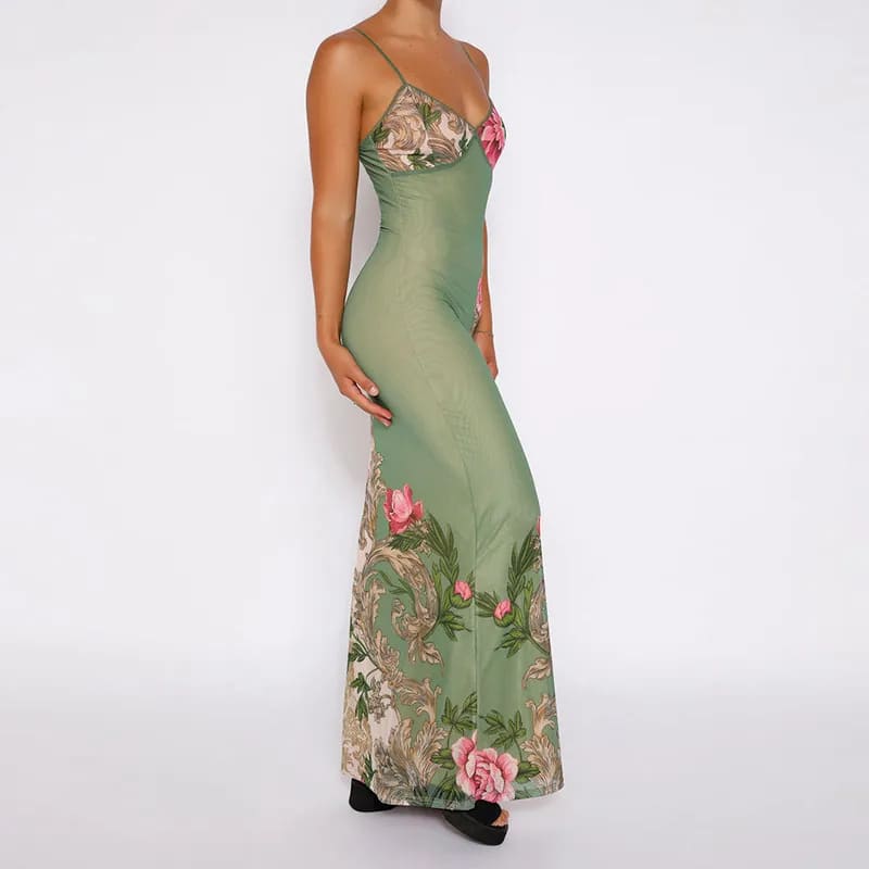 Vestido de Festa Longo Floral Tubinho colado verde justo