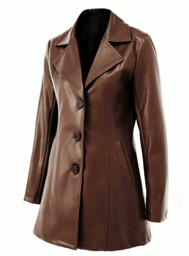 Casaco Blazer alongado de Couro Eco Elegante sofisticado marrom