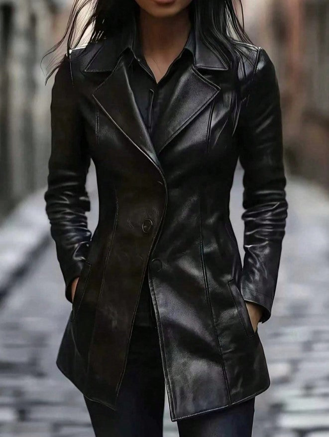 Casaco Blazer alongado de Couro Eco Elegante sofisticado preto
