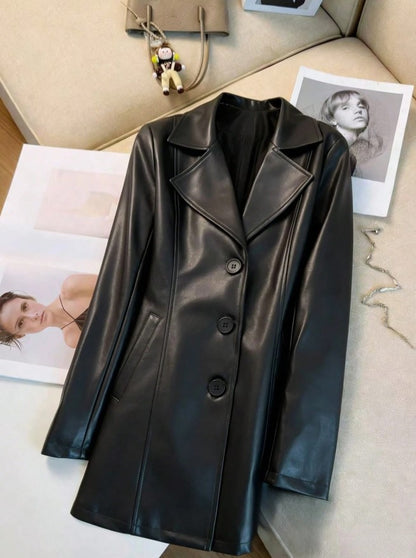 Casaco Blazer alongado de Couro Eco Elegante sofisticado preto