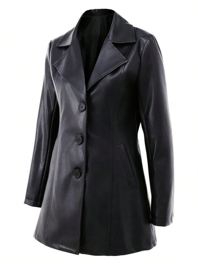 Casaco Blazer alongado de Couro Eco Elegante sofisticado preto