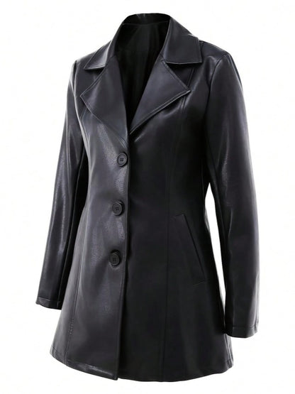 Casaco Blazer alongado de Couro Eco Elegante sofisticado preto