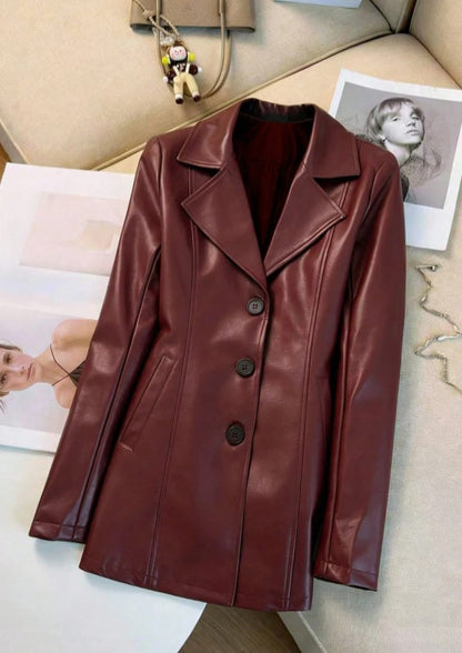 Casaco Blazer alongado de Couro Eco Elegante sofisticado marrom