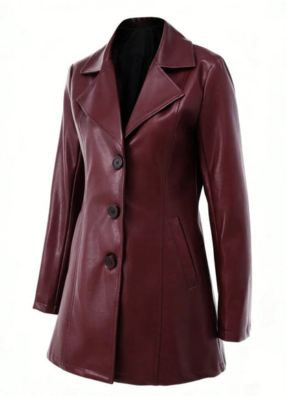 Casaco Blazer alongado de Couro Eco Elegante sofisticado vinho