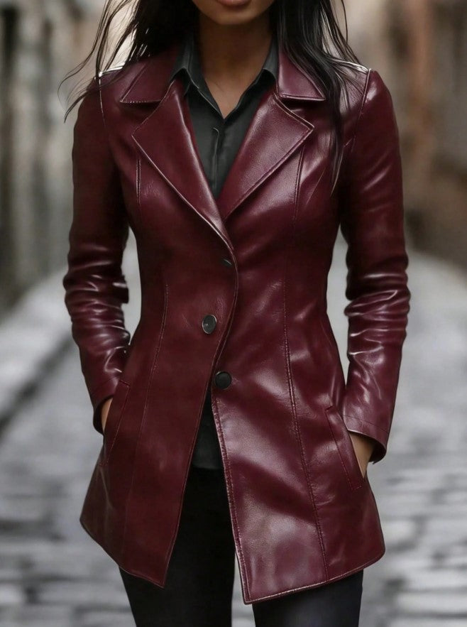 Casaco Blazer alongado de Couro Eco Elegante sofisticado vinho
