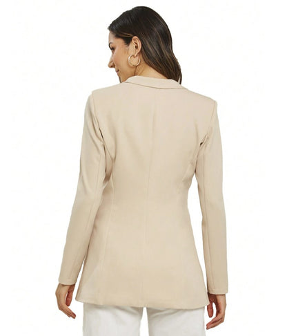 Blazer Elegance Alfaiataria Maxi Slim office bege creme acinturado