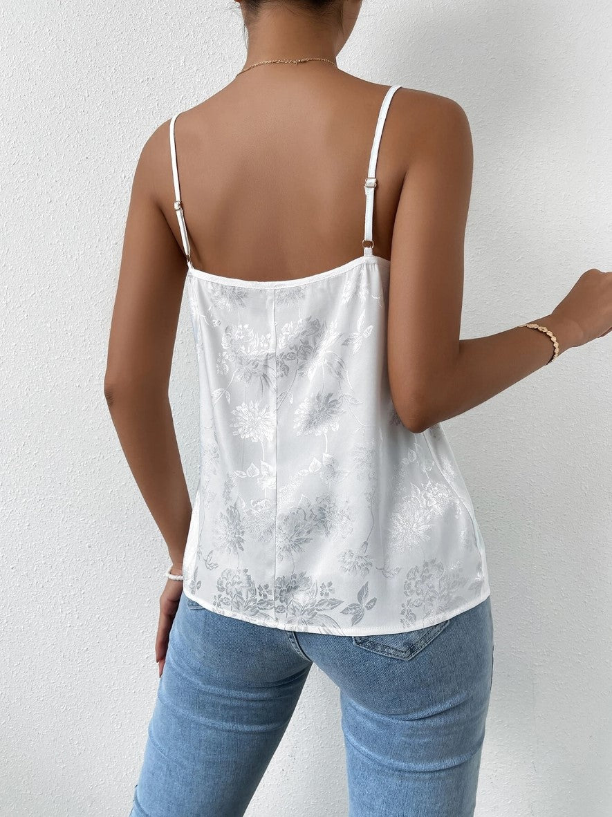 blusa Regata de Cetim Print Floral Festa branca