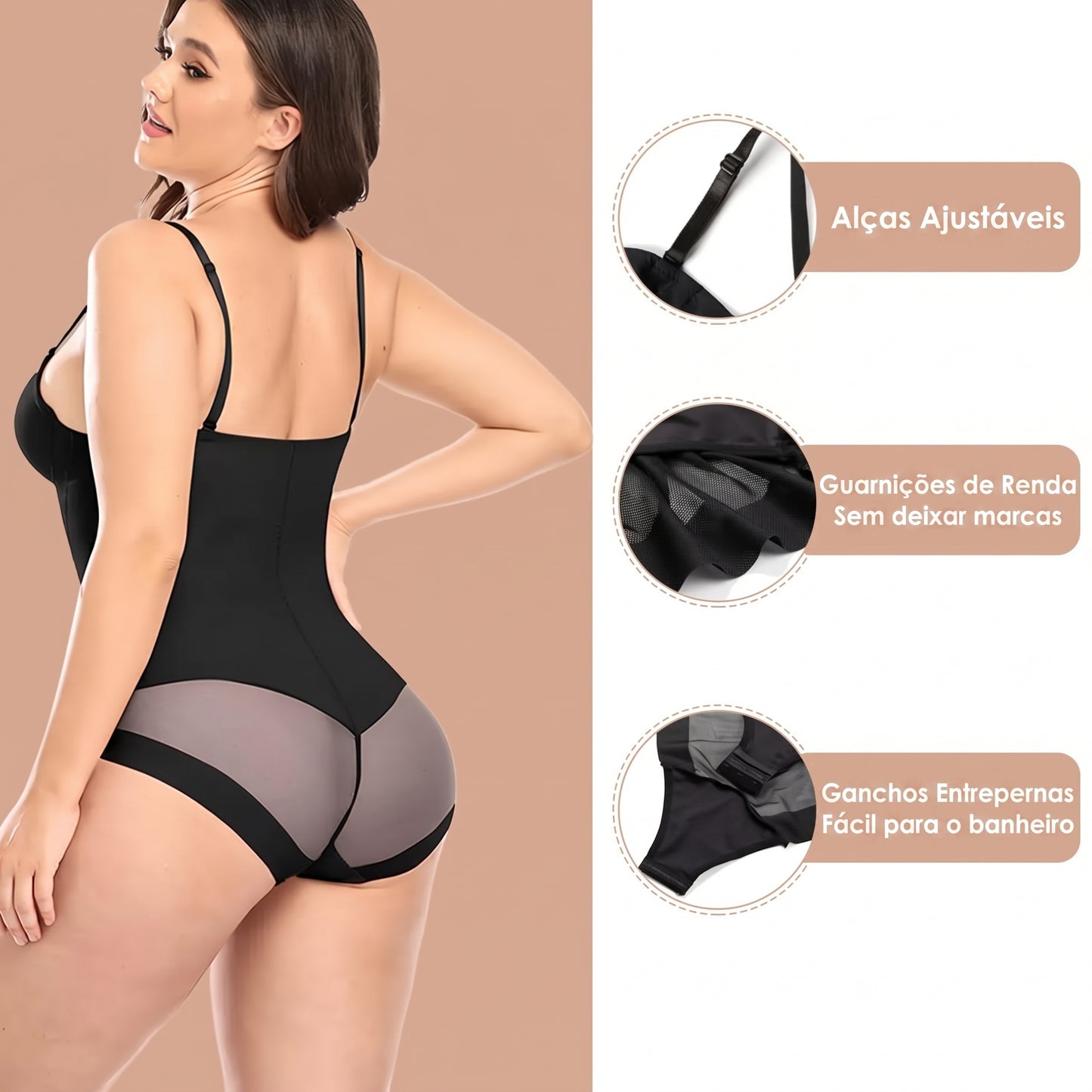 O Body Modelador com Bojo Push Up preto alta compressão na cintura