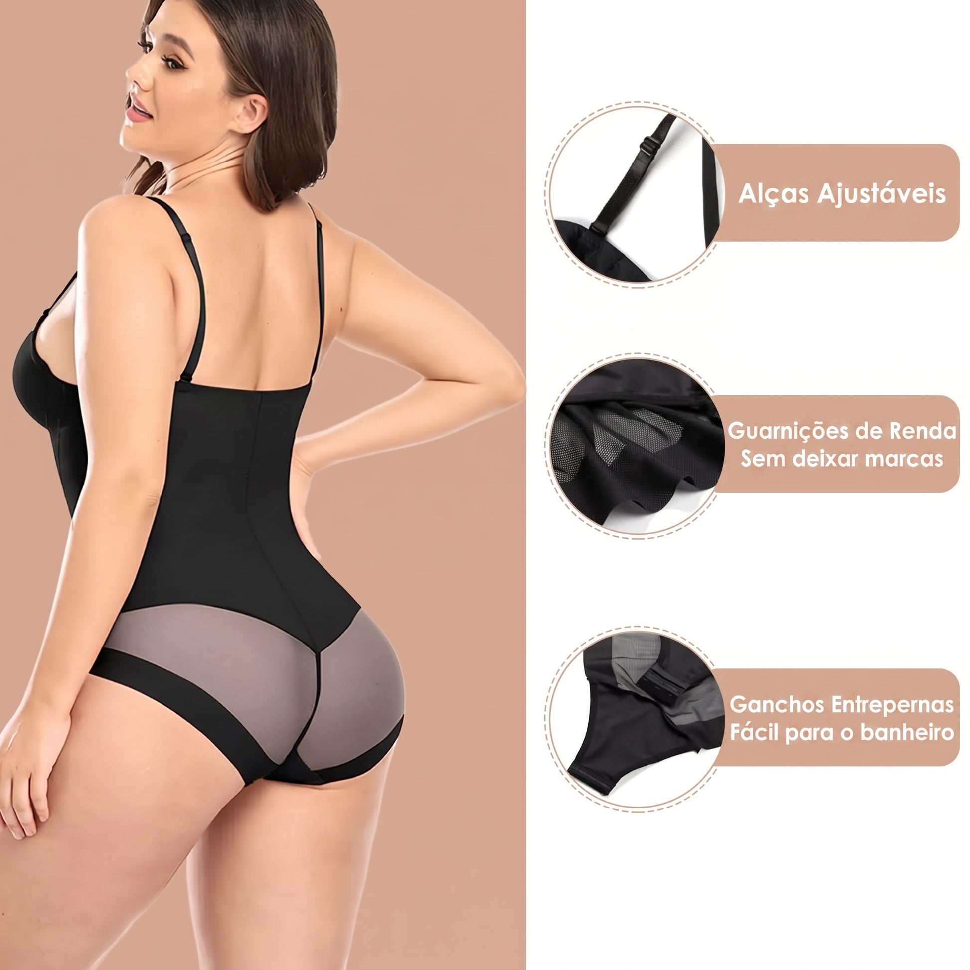 O Body Modelador com Bojo Push Up preto alta compressão na cintura