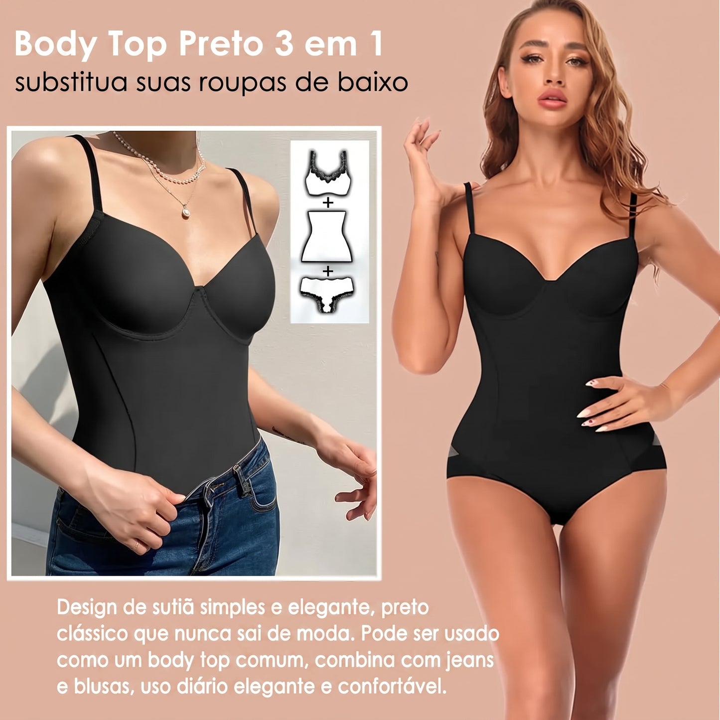 O Body Modelador com Bojo Push Up preto alta compressão na cintura