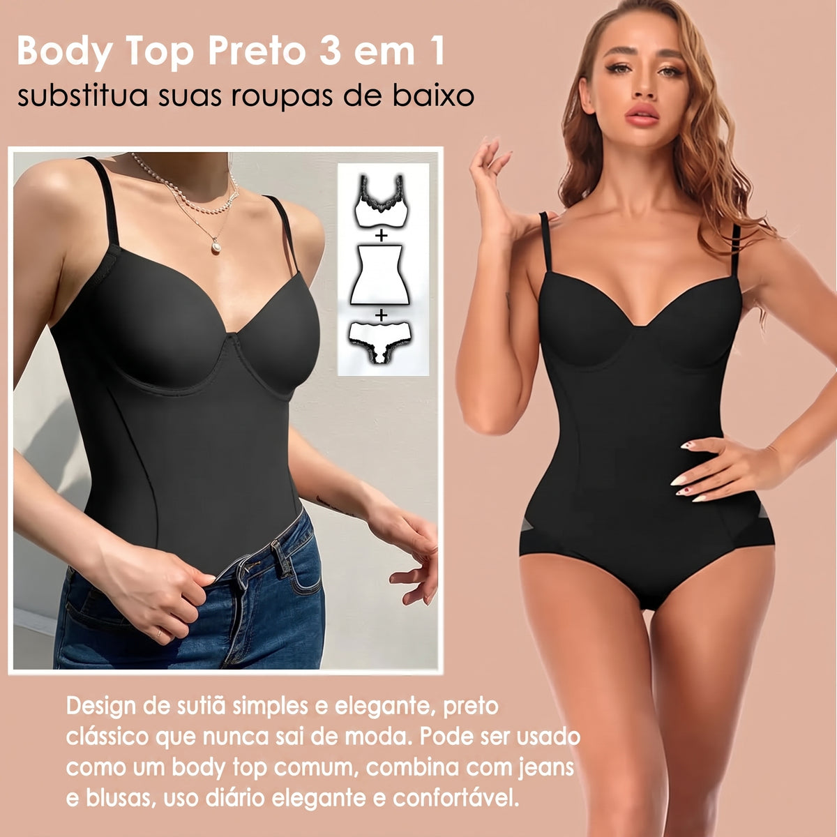 O Body Modelador com Bojo Push Up preto alta compressão na cintura
