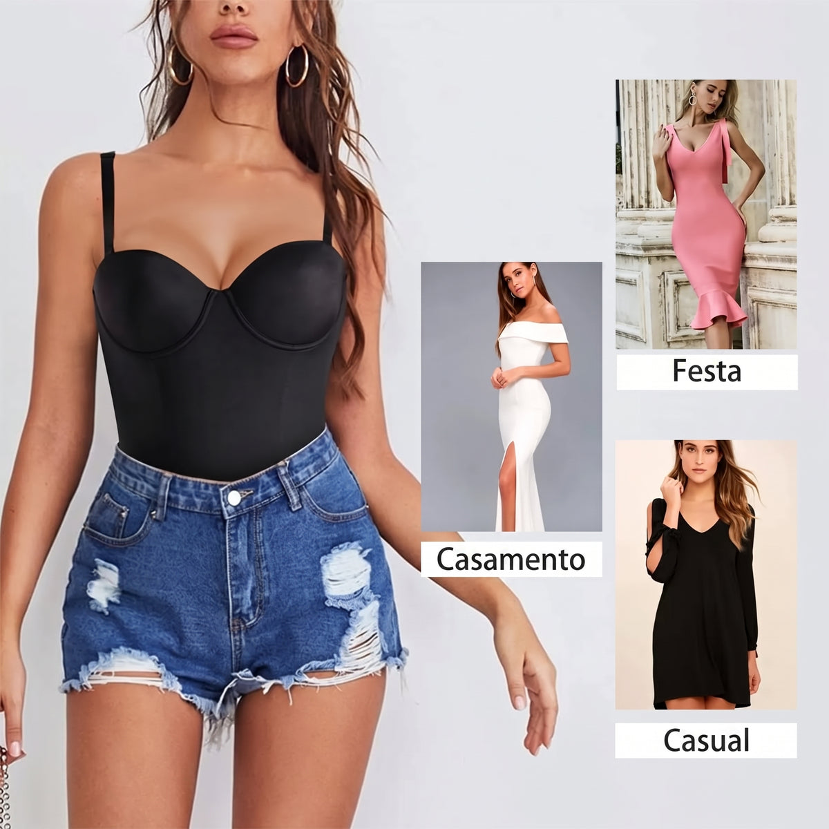 O Body Modelador com Bojo Push Up preto alta compressão na cintura